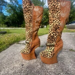 Zara Leopard Print and Tan Platform Knee-High Wedge Boots
